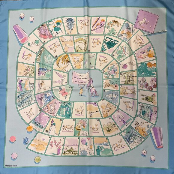 Hermes Light Blue Multi Le Jeu des Petits Bonheurs Print Square Silk Twill Scarf - Picture 6 of 10